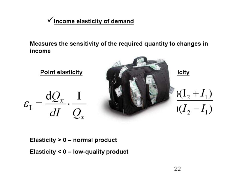 Income elasticity of demand Measures the sensitivity of the required quantity to changes in